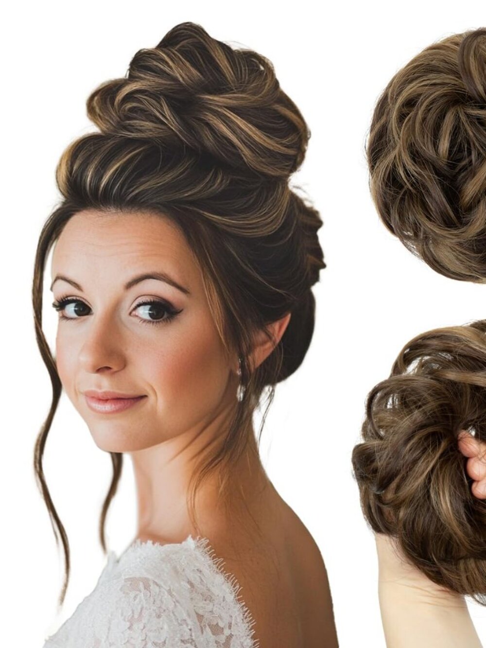 Messy Bun Hair Piece Wavy Curly Scrunchies Synthetic Coffee Brown/Highights